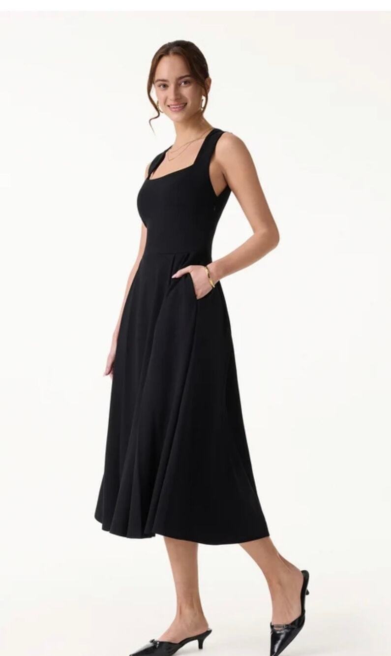 OGL Move Ponte Square Neck Midi Bra Dress with Pockets Black XL